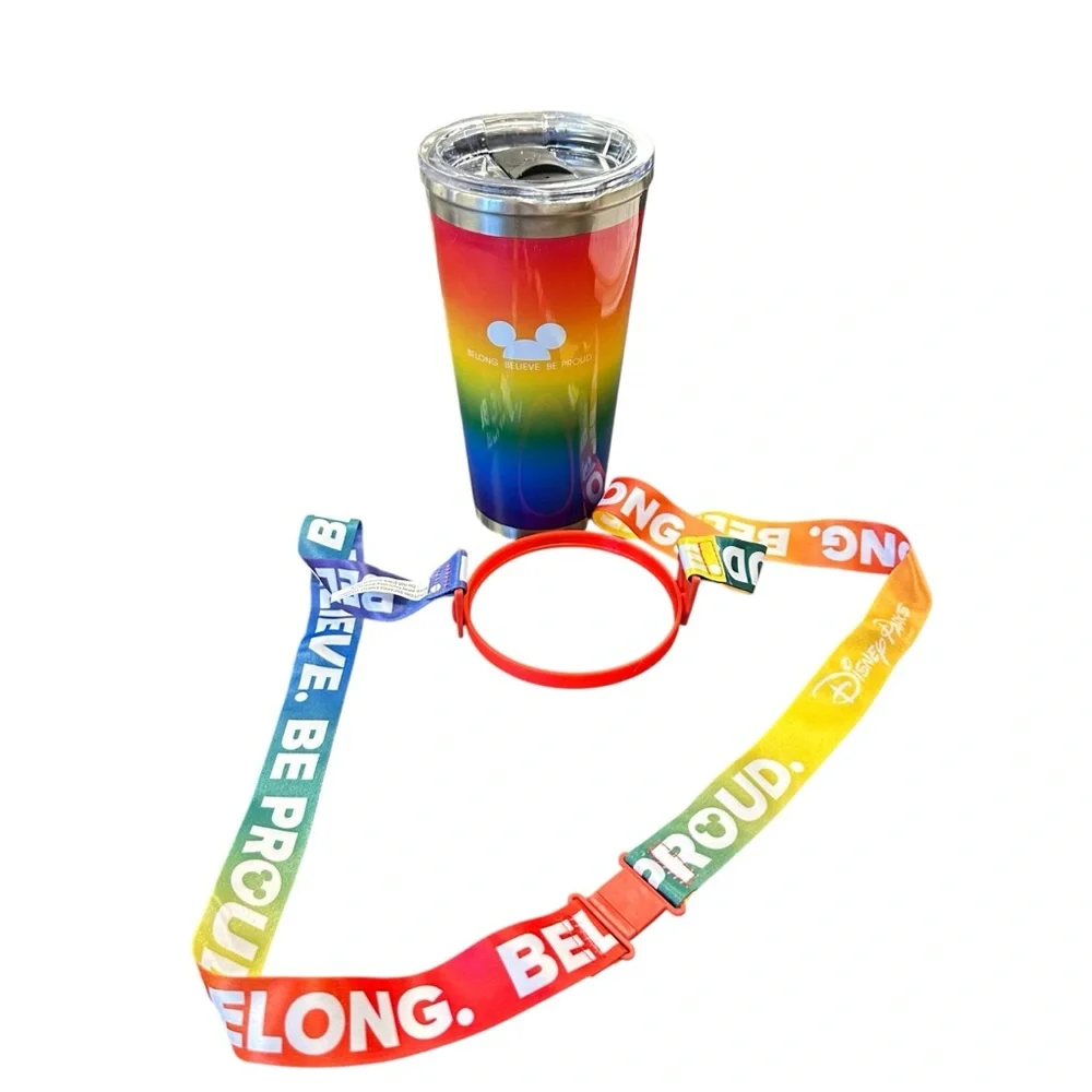Disney Parks Pride Mickey Rainbow Stainless Steel Travel Tumbler NEW w/Strap